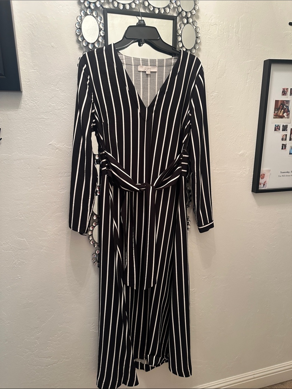 LOFT Black and White Vertical Stripe V-Neck Midi